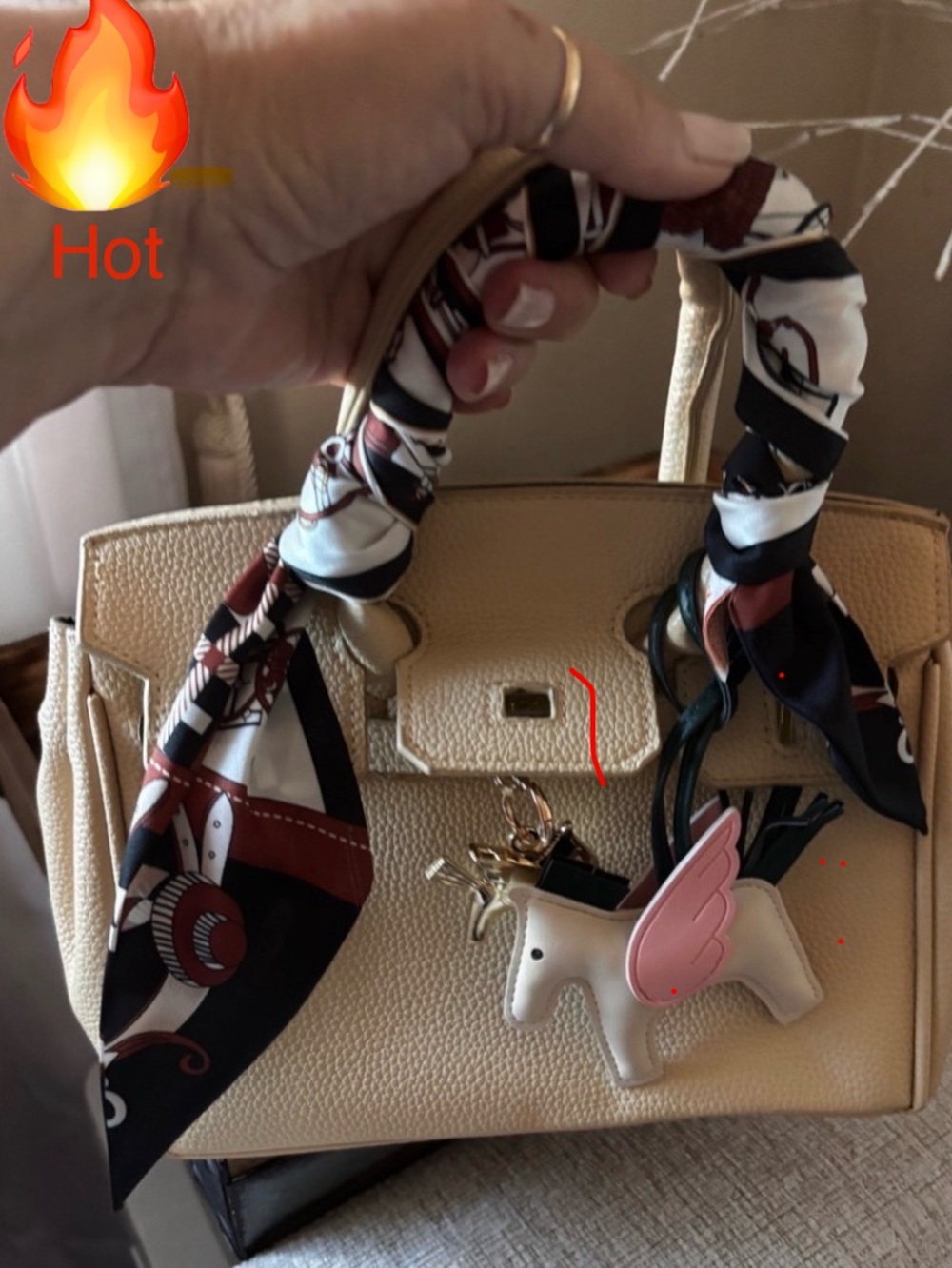 Cream Satchel 25cm Handbag with designer scarf and Pink Winged Unicorn Charm.